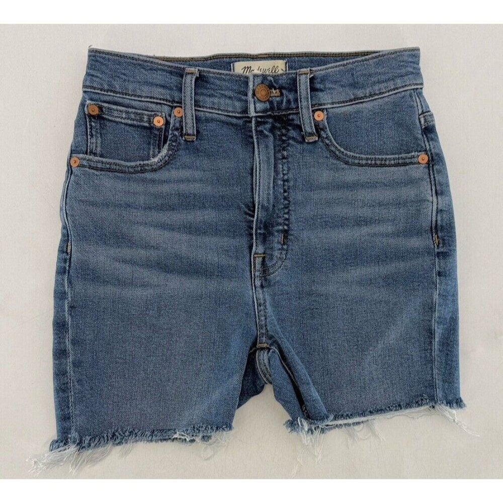Madewell Women's Slim Medium Wash Jean Bermuda Shorts Raw Edge DIY Stretch Sz 25
